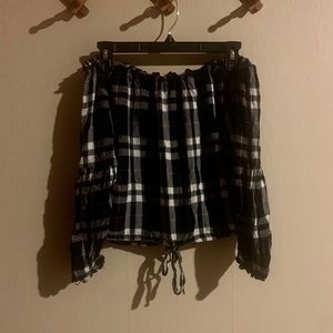 Blue&Pink off the Shoulder Plaid Crop Top